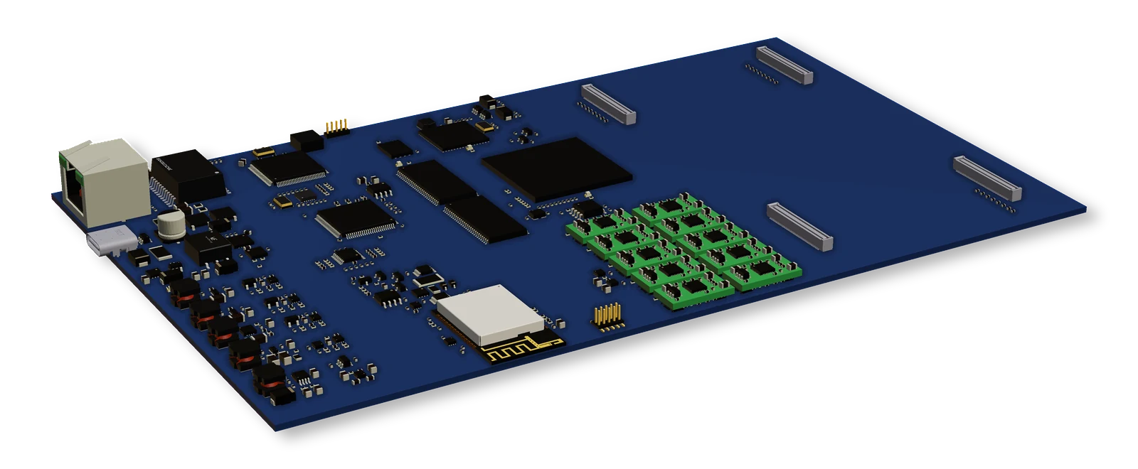 CAD render of the Augur One assembly: Ethernet and USB-C at the left edge, the FPGA and real-time MCU across the middle, ten analog module slots populated with green modules, and the DUT connectors along the far edge.